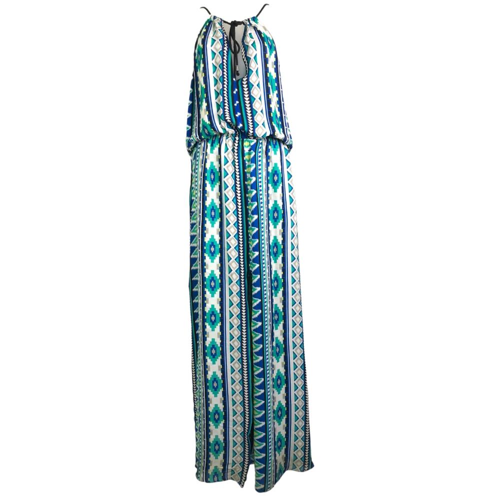 Parker Halter Maxi Dress Womens M Blue Green‎ 100% Silk Neck Tie Sleeveless Fit